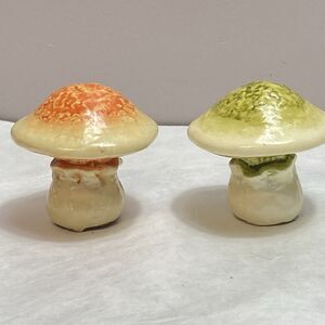 VTG Set 2 Green  Orange? Mushroom Mid Century Cottage Core Figurines Mod